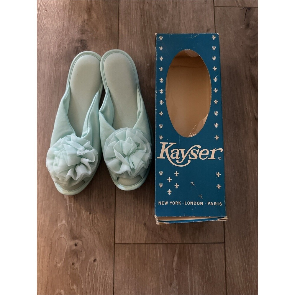 NOS Vtg 60s Kayser Black‎ Floral Slippers Slides 4200 Aqua Spray Sz M 8-9